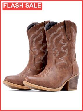 Western Ankle Boots Wide Suede Faux Leather Cowgirl Booties